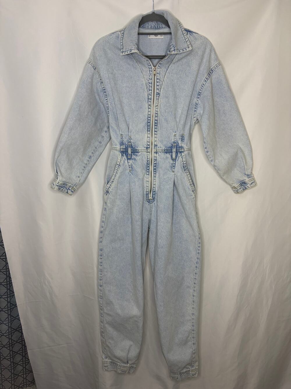 Mango MNG Denim Jumpsuit S Light Wash Zip Front Utility Boiler Suit Y2K